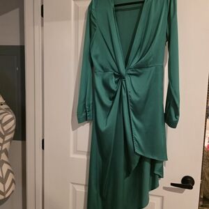 Emerald Green Long-Sleeve Twist Front Dress